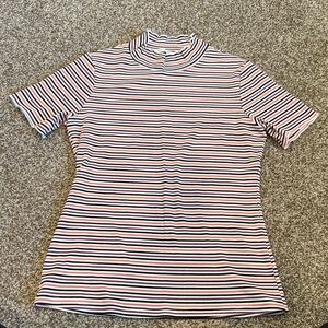 Ellison Striped Short Sleeve Top - Black, White, purple peach mock neck